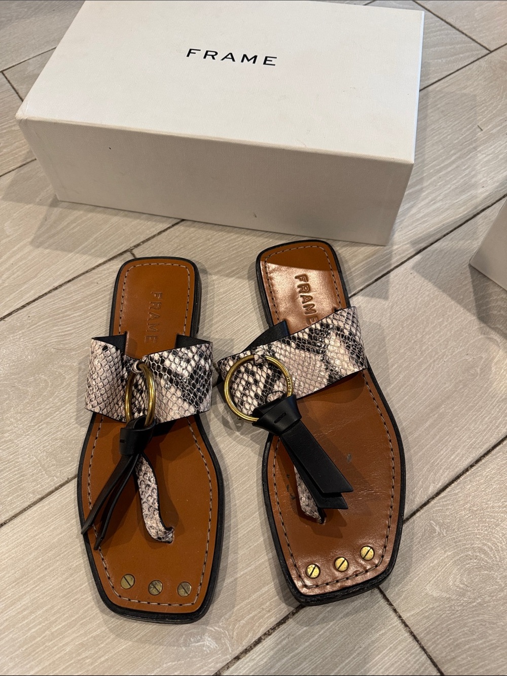 Frame Leather Slide Sandals with Black & Cream Snake-Print Strap